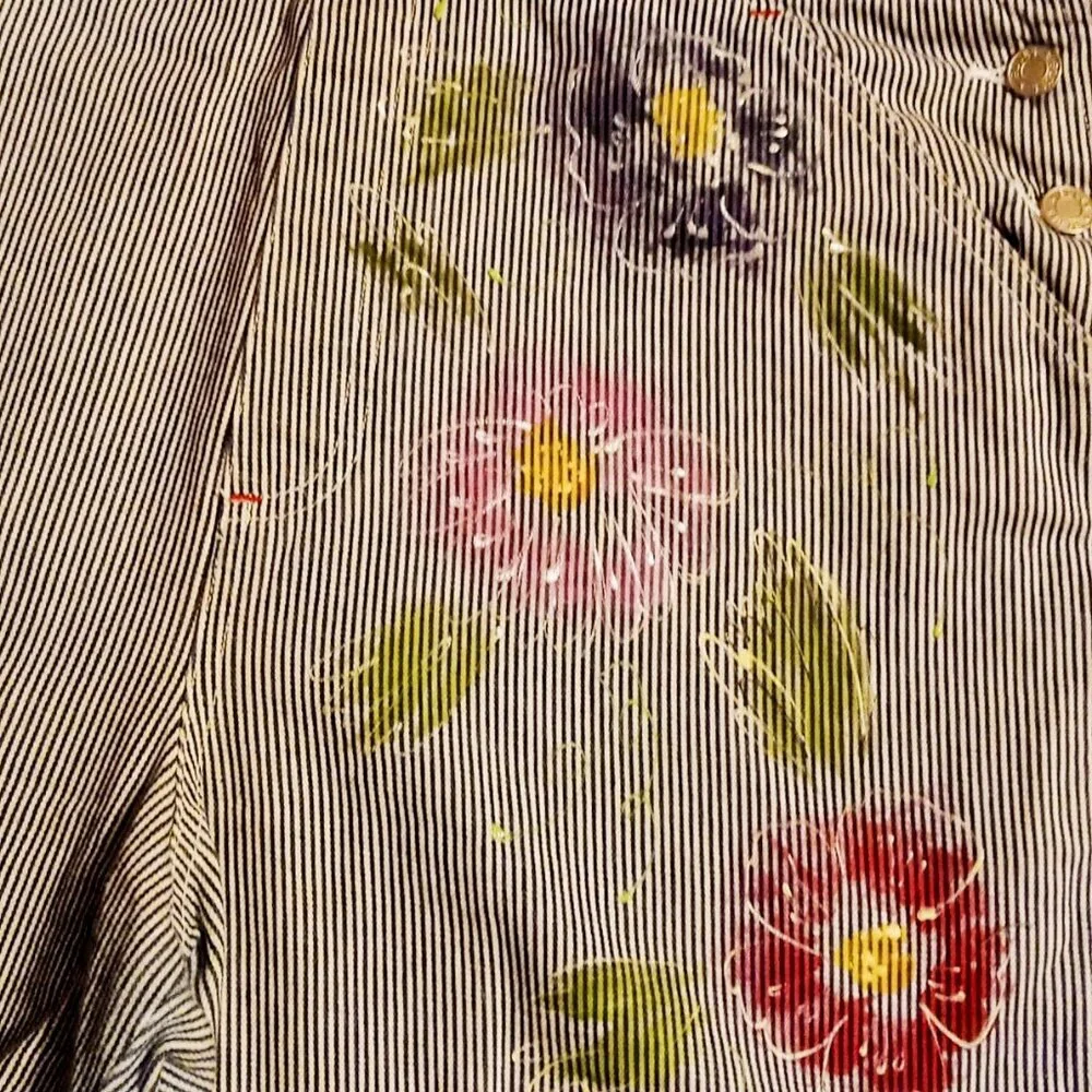 SOLD!! - Vintage Artsy Painted Baccini Denim Jean Shortalls Shorts Overalls Sz L - Picture 15 of 16